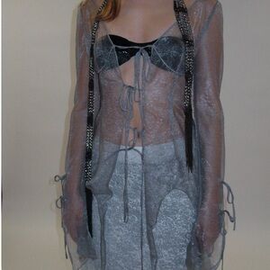 Sheer Irredescent Grey Blouse with Black Ruching Accents